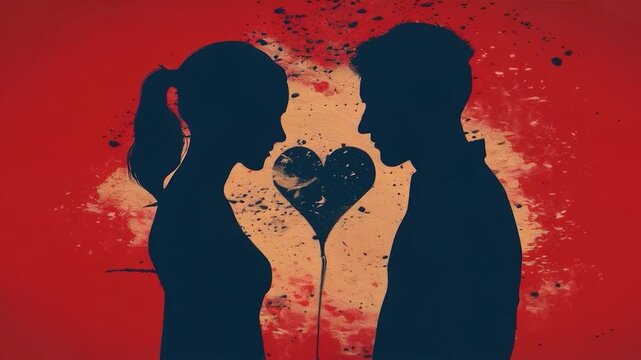 The silhouettes of two people with broken hearts against a reddish background symbolise discord in relationships and can be used as an emotional backdrop for social campaigns promoting mental health.
