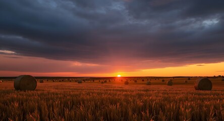 Golden Sunset Over a Field of Hay Bales Under a Dramatic Cloudy Sky.