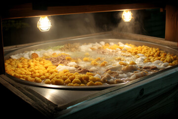 Simmering pot filled with colorful ingredients winter street stall creates warm, inviting