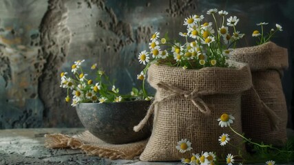 A bouquet of daisies in burlap embodies natural beauty and sustainability, making it the perfect decorative backdrop for blogs about gardening and sustainable living.

