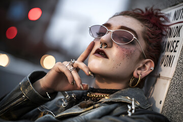Punk fashion with leather jacket, piercings, and stylish sunglasses creates bold urban vibe