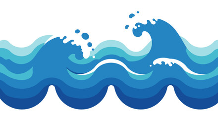 Fototapeta premium Stylized blue ocean waves with white foam and splashes against a white background