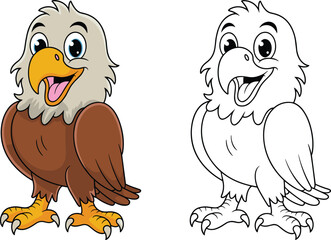 Cartoon bald eagle illustration, American national bird drawing, wildlife coloring page, patriotic animal artwork, educational clipart, fun children activity design