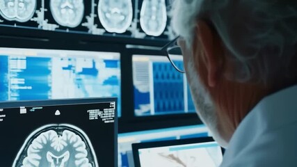 The doctor carefully studies the results of brain tomography on monitors, which will serve as a professional background for medical articles or educational materials on diagnostics.
