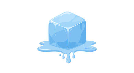 Stylized melting light blue ice cube dripping onto a white background