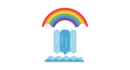 Obraz premium Stylized rainbow arching over a bright blue waterfall hitting white clouds and blue water