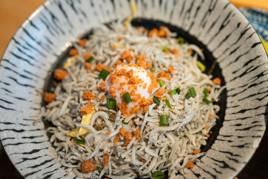 Shirasu or whitebait, small sardine fish, on top of rice in the bowl. This is the famous food menu in Kamakura. Japanese cuisine object with close-up.