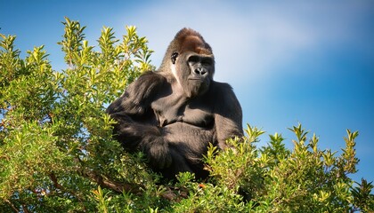 a gorilla perched high in a tree amidst lush green foliage against a bright blue sky background