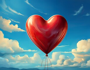 a vibrant red heart shaped balloon floats against a bright blue sky with fluffy white clouds above