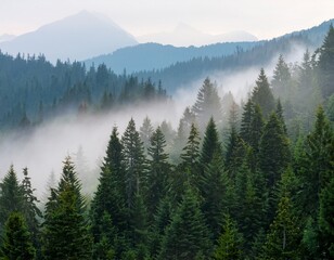 a view of a dense forest with tall evergreen trees and mountains shrouded in mist on a hazy day