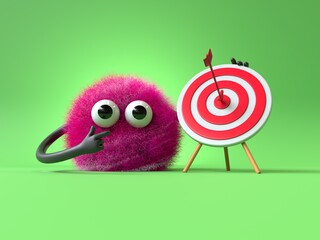 Fluffy, cute monster with a target, symbolizing goals or achievements. 3D rendering, conceptual image. Isolated on white background.