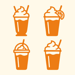 Cartoon vector icon set of cold sweet dessert food and beverage in a cup or glass with straw