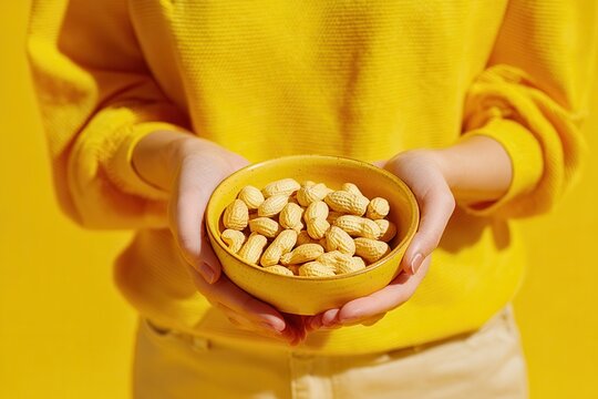 Person Holds Yellow Bowl With Peanuts on a Yellow Background on a Sunny Day