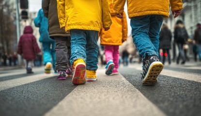 Several children walk together on a crosswalk, wearing colorful jackets and jeans, in a busy urban setting.