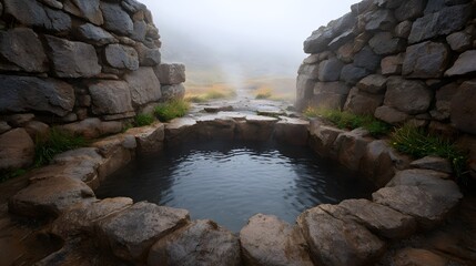 Rustic geothermal hot spring pool with steam rising from dark water framed by natural stone walls in a misty outdoor landscape