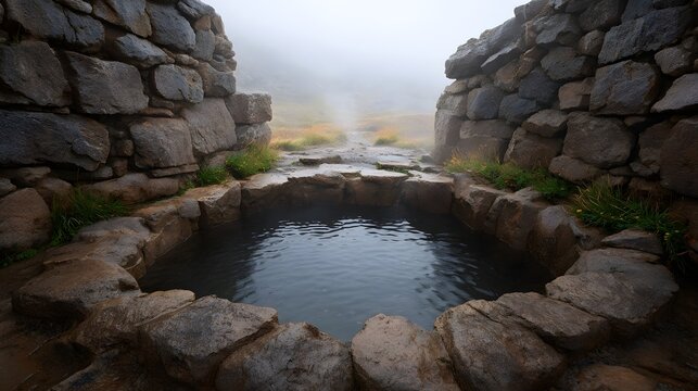 Rustic geothermal hot spring pool with steam rising from dark water framed by natural stone walls in a misty outdoor landscape - Powered by Adobe
