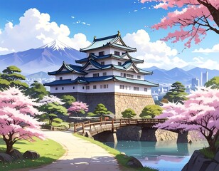Colorful digital illustration of an Asian castle, cherry blossoms, and mountain views