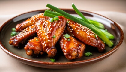 close up of delicious glazed chicken wings topped with sesame seeds and fresh green onions on a ceramic plate ready to serve as an appetizer