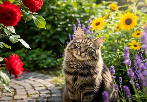 Majestic Tabby Cat Amidst Blooming Flowers in a Vibrant Garden.