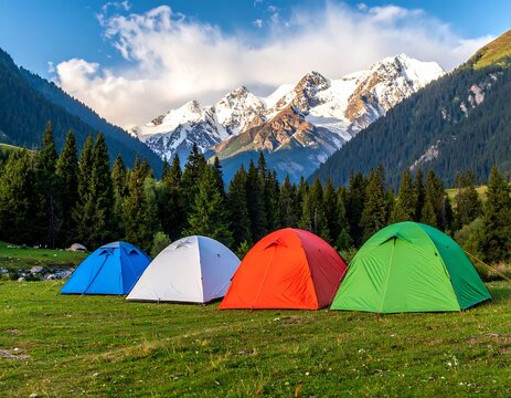 Colorful tents line a lush meadow with a snow-capped mountain backdrop and a brilliant sky