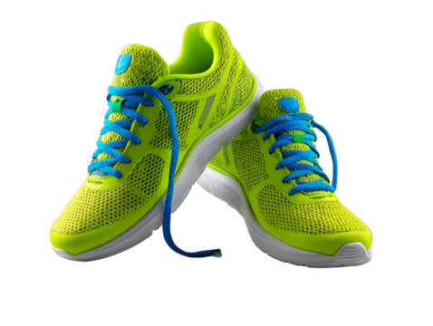 Bright green running sneakers with blue laces isolated on transparent background