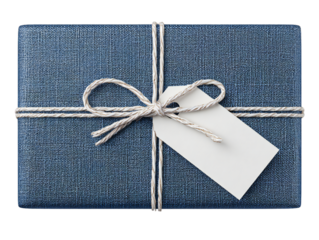 Dark blue gift box with string and blank tag isolated on transparent background