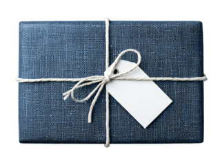 Dark blue gift box with string and blank tag isolated on transparent background