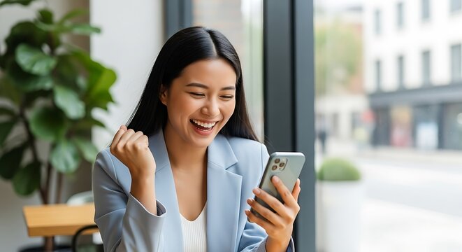Happy Asian woman using smartphone celebrating success wearing a blue blazer in a cafe