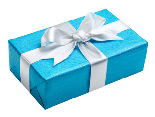 Obraz premium Blue gift box with white ribbon bow isolated on transparent background