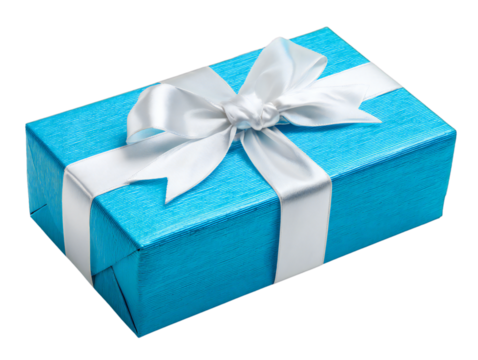 Blue gift box with white ribbon bow isolated on transparent background