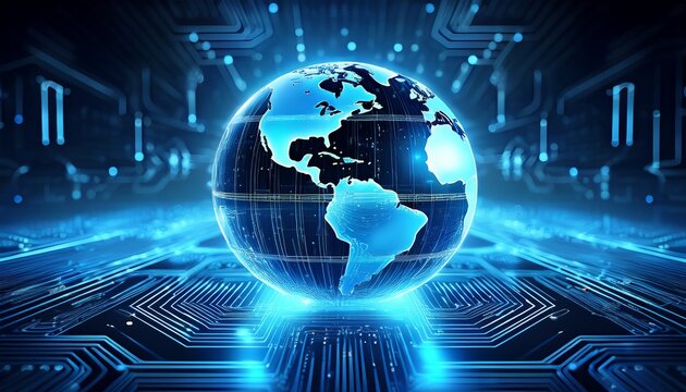 futuristic blue globe with digital texture and reflection on a circuit board surface