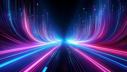 futuristic data stream abstract background with blue and pink light streaks and glowing digital particles