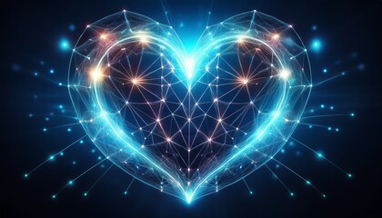 glowing heart shape made of connected particles and lines shining brightly on a dark background