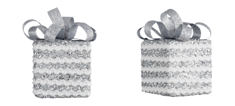 set of silver and white glitter christmas  gift box with bow on transparent background,christmas decoration isolated on white,xmas ornament,christmas ornament,christmas gift box