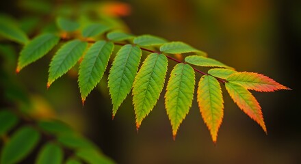 Close-up of a branch with vibrant green leaves transitioning to yellow and red tips in autumn
