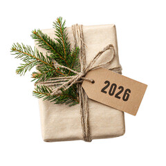 Rustic Christmas gift box with pine branch and 2025 tag isolated on transparent background