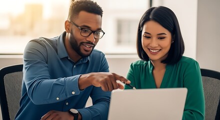 Two diverse professionals collaborate on a laptop smiling and pointing working together in a modern 