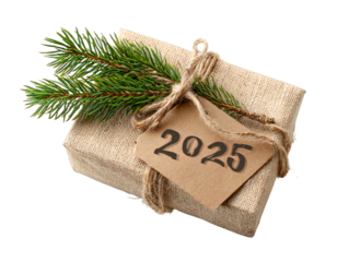 Eco-friendly Christmas gift box with pine branch and 2026 tag isolated on transparent background