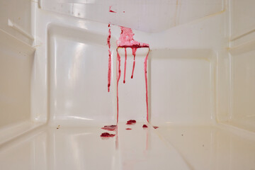 Violent bloodshed in bathroom, Bloodstains detail recent brutal attack, Forensic scene reveals recent violent event with blood and evidence prepared for investigation