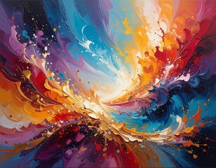 Colorful, dynamic abstract artwork with vibrant brushstrokes resembling an explosion of paint