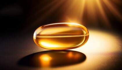 radiant golden omega 3 capsule illuminates health benefits under a sunlit glow on dark background