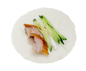Traditional Peking Duck Slices with Cucumber, Scallion, and Sweet Bean Sauce on White Isolated Background &ndash; Chinese Cuisine