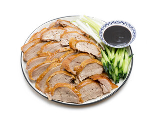 Traditional Peking Duck Slices with Cucumber, Scallion, and Sweet Bean Sauce on White Isolated Background &ndash; Chinese Cuisine