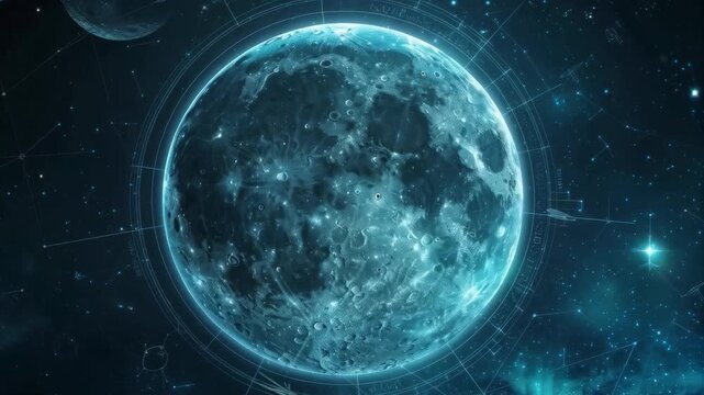 The mysterious surface of the moon, surrounded by cosmic orbits and stars, conveys the mystery of the universe and can serve as an exciting backdrop for science projects dedicated to astronomy or spac