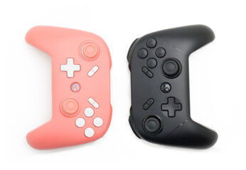 Pastel Pink and Black Gaming Controllers on White Isolated Background &ndash; Pair of Universal Gamepads for Video Games