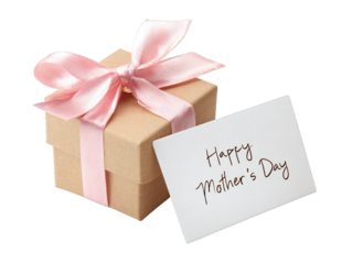 Mother’s Day gift box with pink ribbon and greeting tag isolated on transparent background