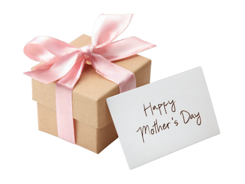 Mother’s Day gift box with pink ribbon and greeting tag isolated on transparent background