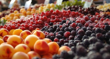 Vibrant display of fresh fruits - peaches, raspberries, blueberries, and more, a colorful market scene.