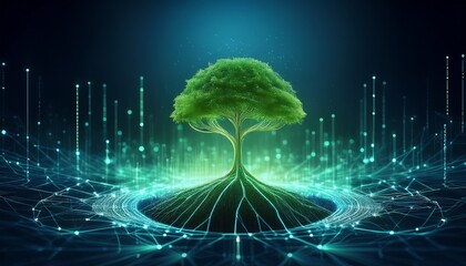 the future is green digital network surrounds a sprout growing into a tree
