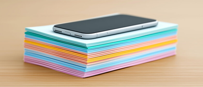 Phone resting atop a vibrant stack of sticky notes: A smartphone sits atop a colourful stack of sticky notes, ready to capture quick ideas and tasks.